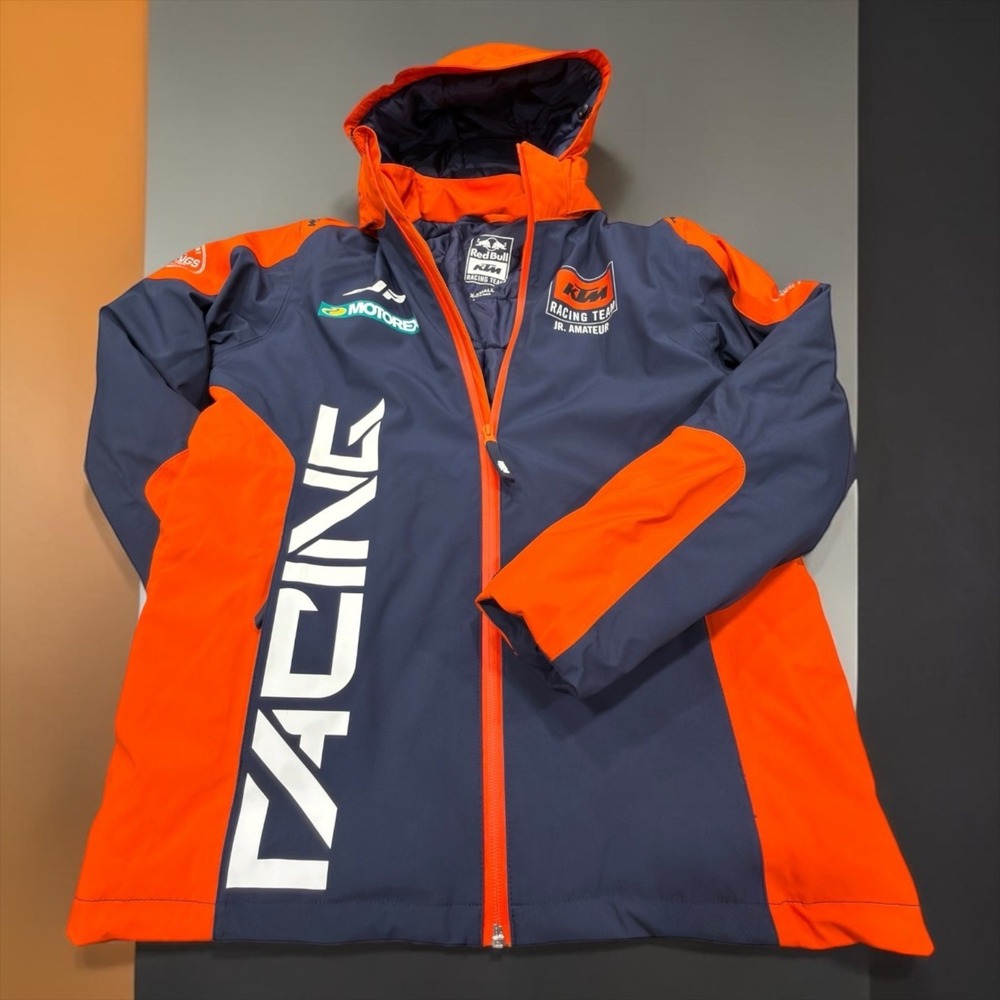 KTM Racing Team Jacket Mens Small Orange Red Bull Jr Amateur Puffer Hooded Zip